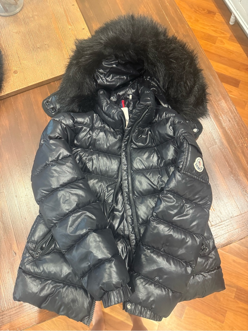 Girls Moncler Black Gloss Quilted Down Puffer with Fur-Trim Hood